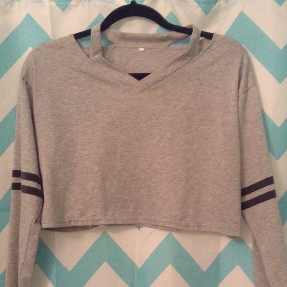 gray crop top with black strips on arms - Picture 2 of 2
